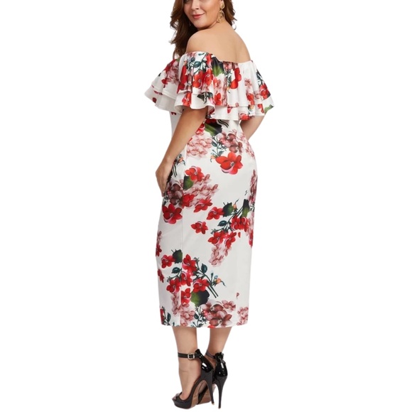 Off shoulder ruffle floral party sexy dress - curvy - plus - Picture 4 of 9